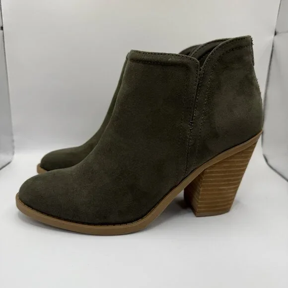 Joie Kayden Ankle Booties Women's Size 7.5 M Faux Suede Vegan Olive Chunky Heel - Picture 3 of 9